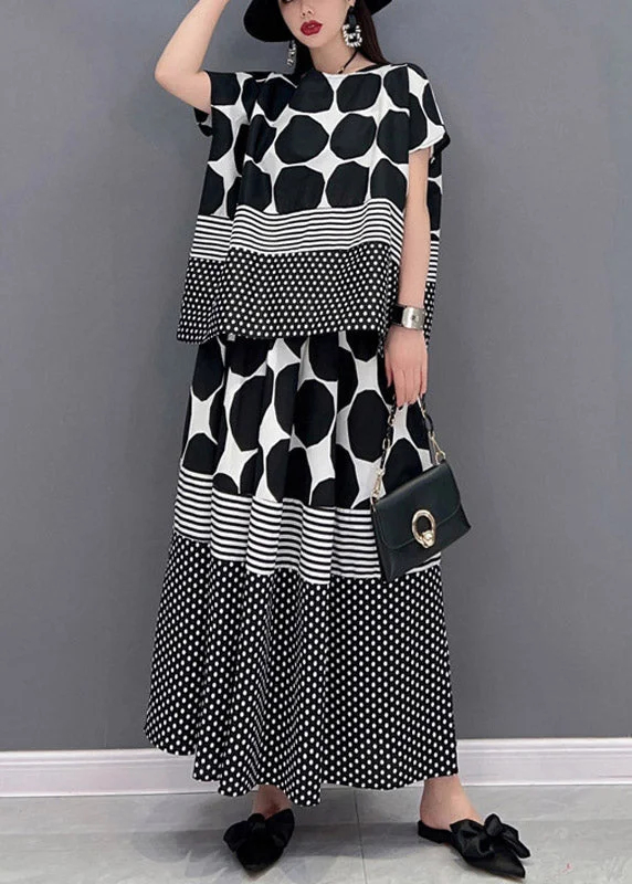 5.5Loose Grey O-Neck Dot Print Chiffon tops and skirts Two Pieces Set Short Sleeve