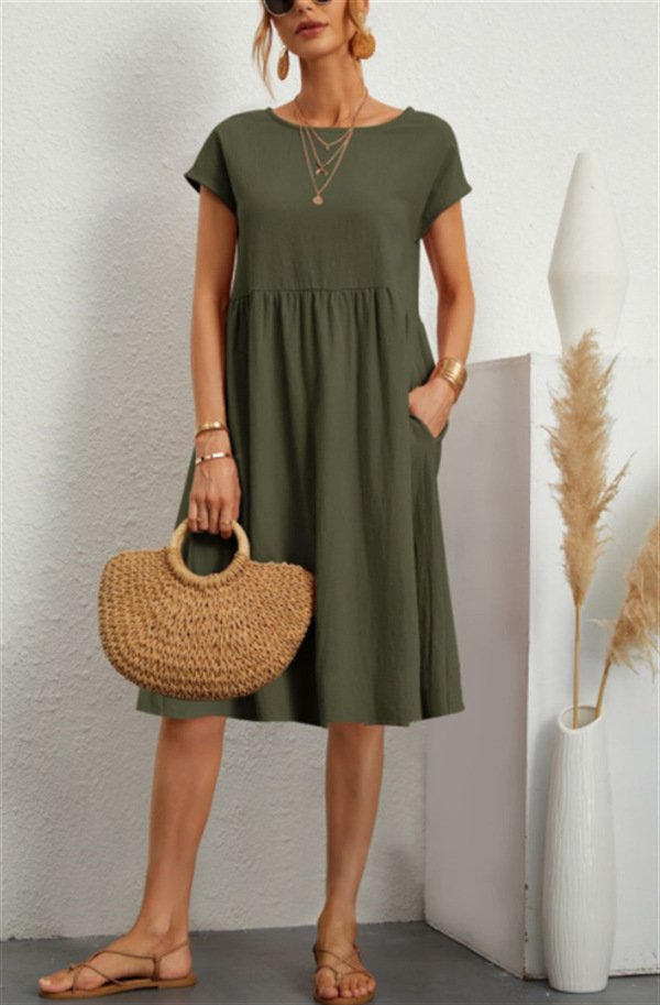 Women Short Sleeve Cotton And Linen Dress