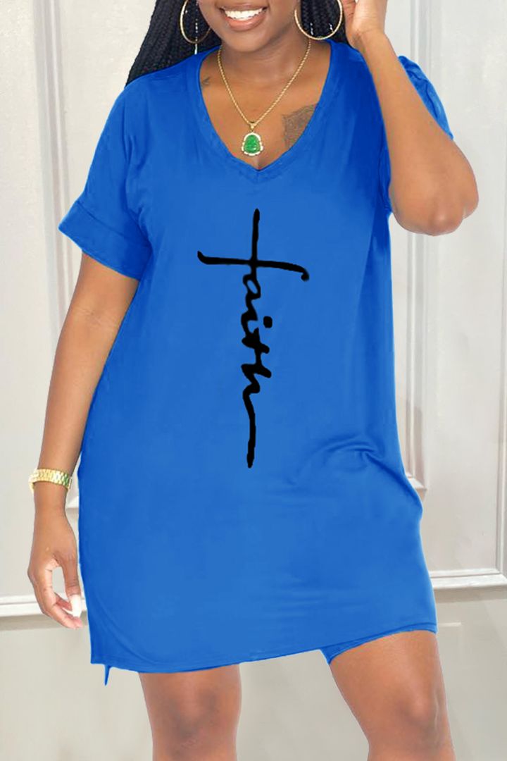 【Buy 2 Free Shipping】Letter Print Split Side V Neck T-Shirt & Shorts Two Piece Set