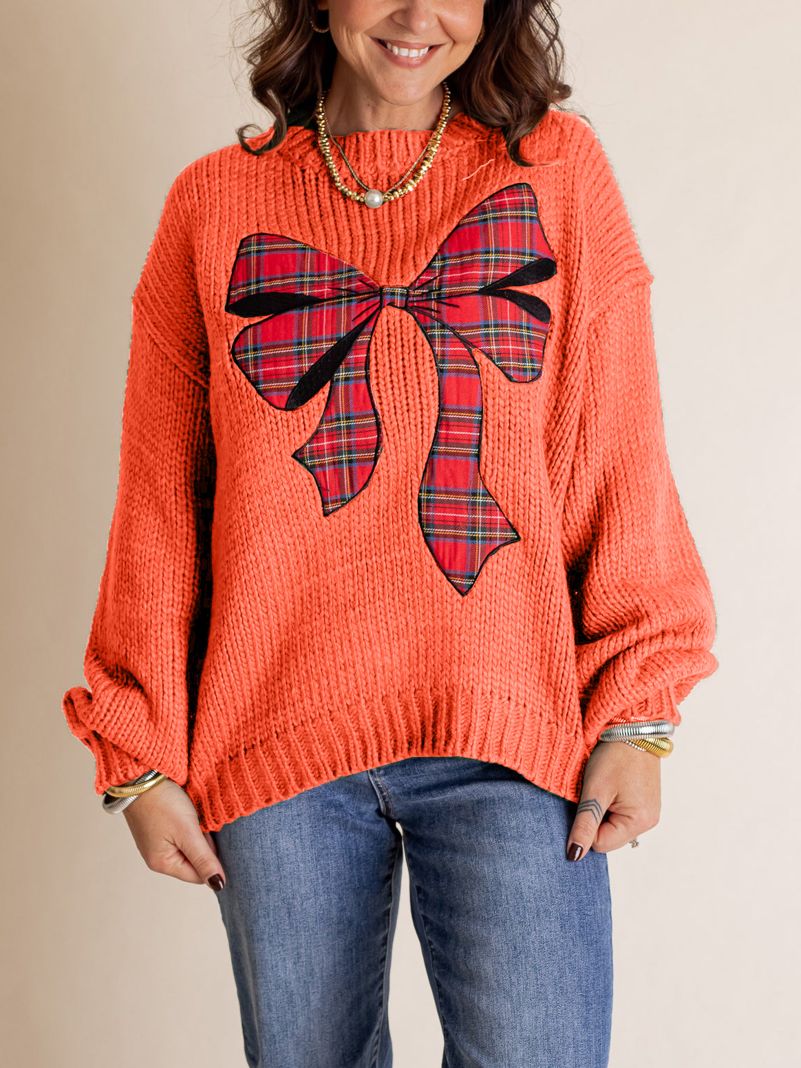 Pinch Me Christmas Plaid Bow Sweater (Buy 2 Free Shipping)