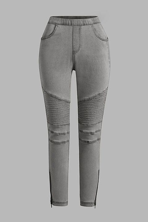 Solid Slant Pocket Zip Side Seam Detail Skinny Jeans