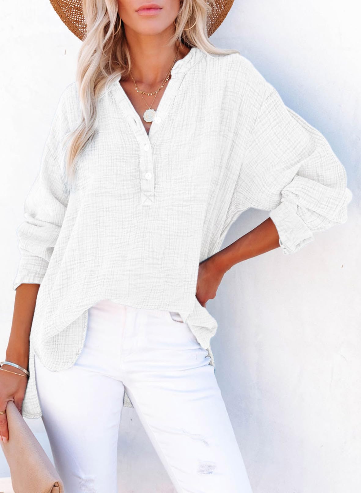 Women‘s Casual Button V Neck Long Sleeve Shirts