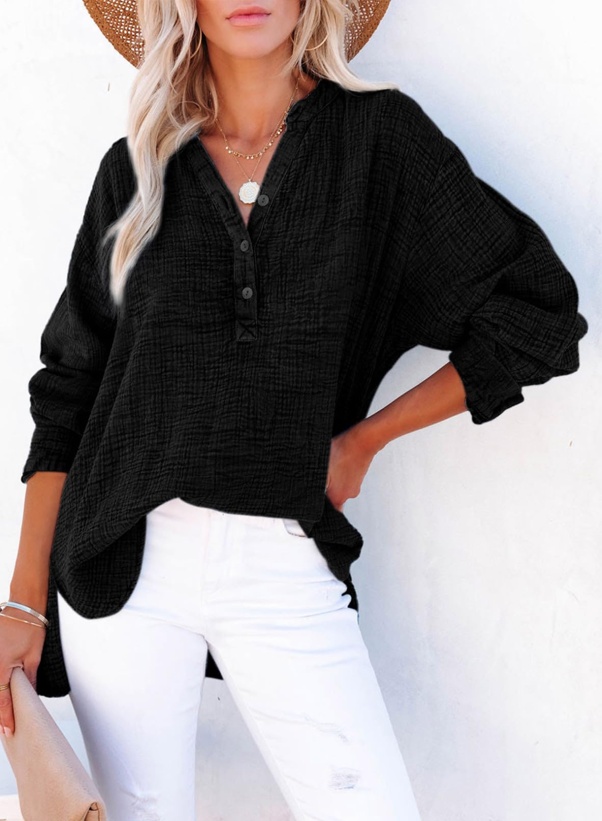 Women‘s Casual Button V Neck Long Sleeve Shirts
