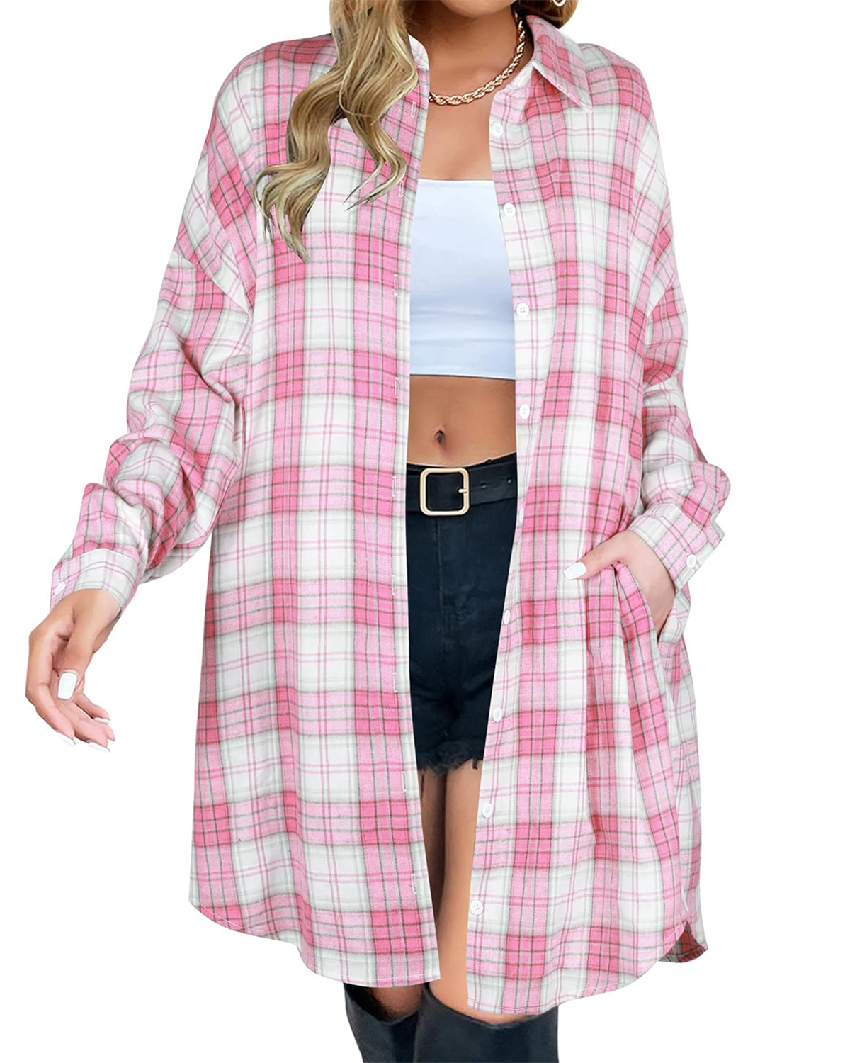Women's Button Down Flannel Shirts Plaid Shacket  Collared Long Jacket Coats (BUY 2 FREE SHIPPING)