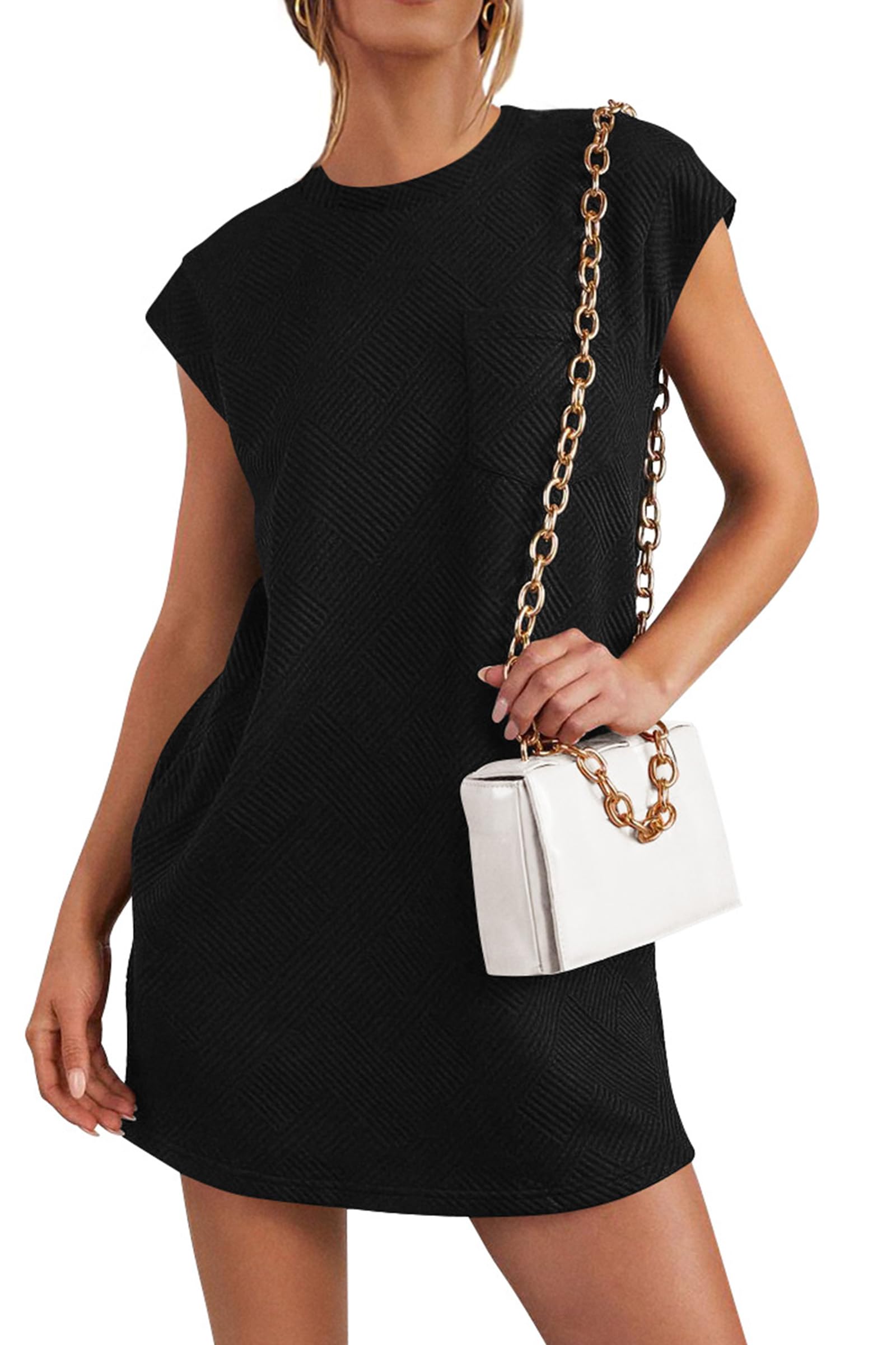 2024✨Women's Crew Neck Cap Sleeve Casual Loose Basic Mini Dresses