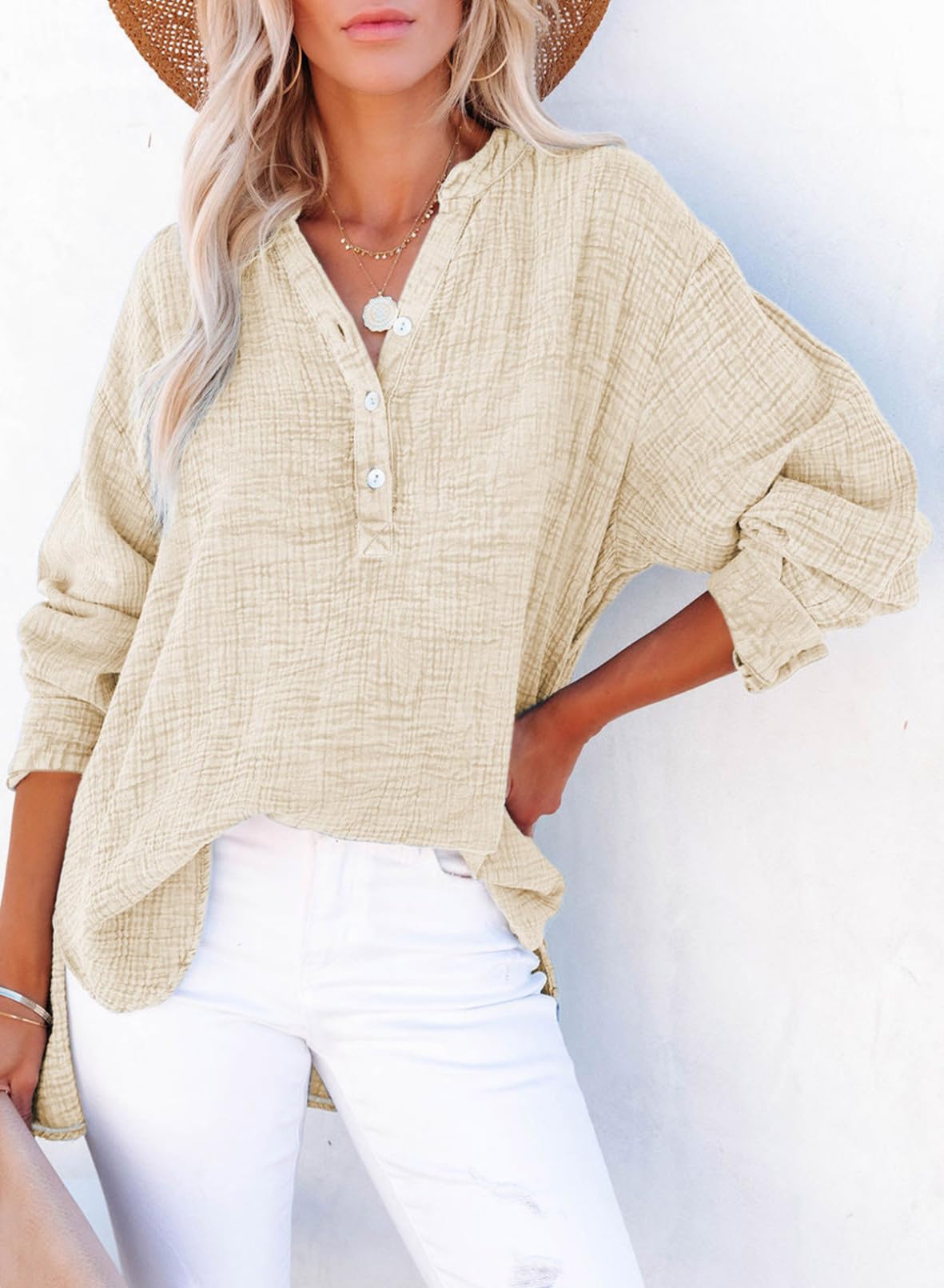 Women‘s Casual Button V Neck Long Sleeve Shirts