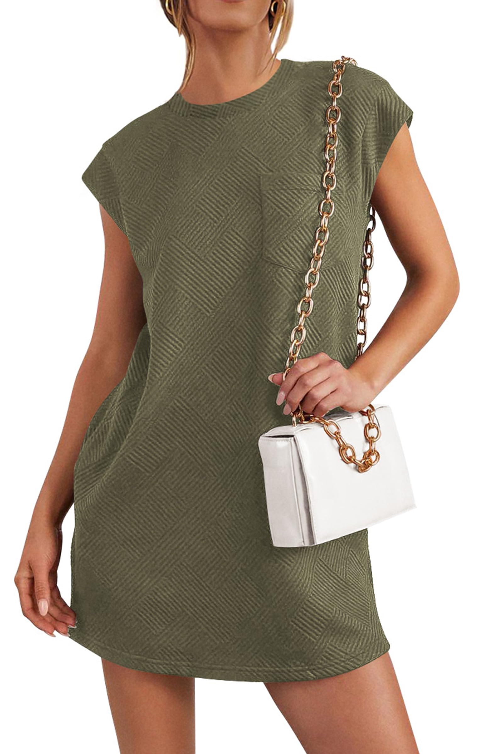 2024✨Women's Crew Neck Cap Sleeve Casual Loose Basic Mini Dresses