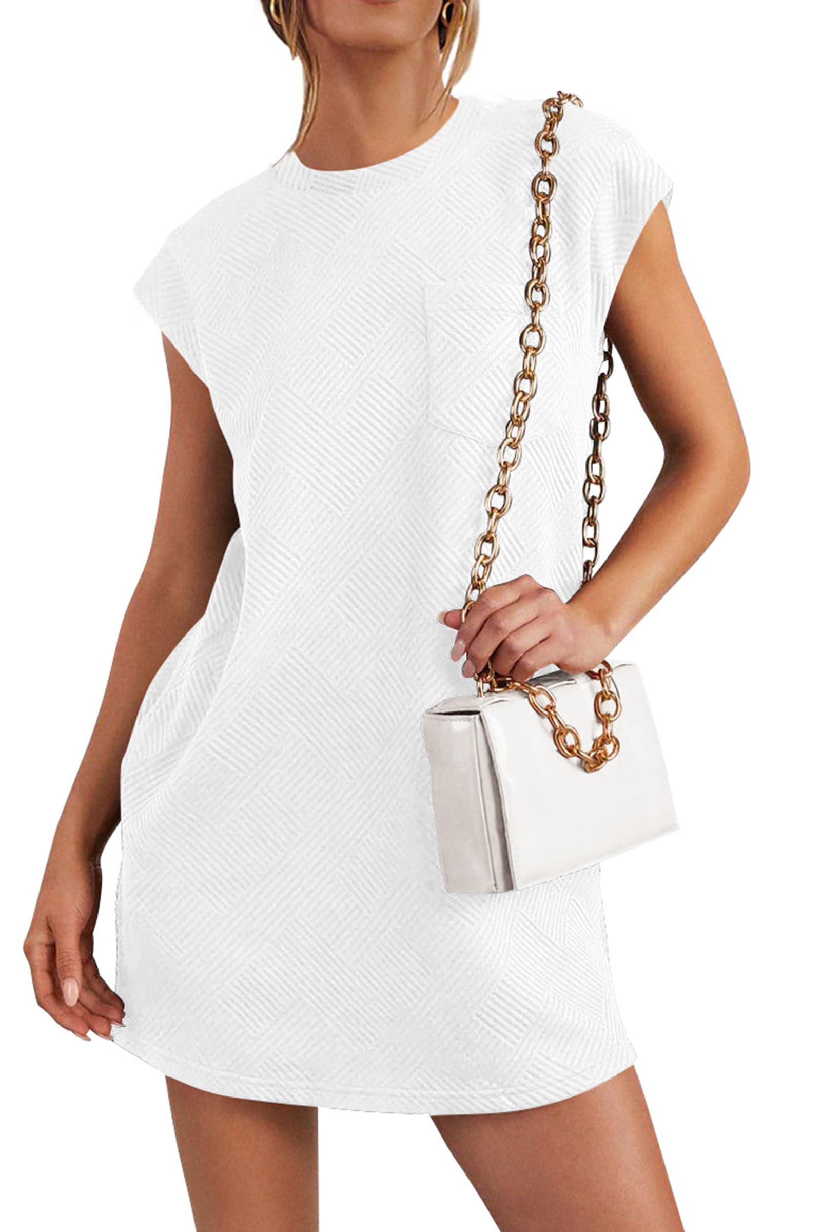 2024✨Women's Crew Neck Cap Sleeve Casual Loose Basic Mini Dresses