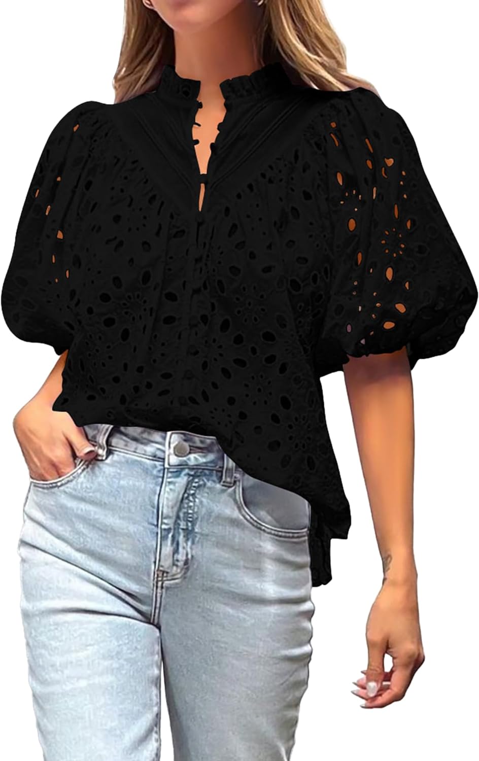 Women's Hollow Embroidered V Neck Shirt Top (BUY 2 FREE SHIPPING)