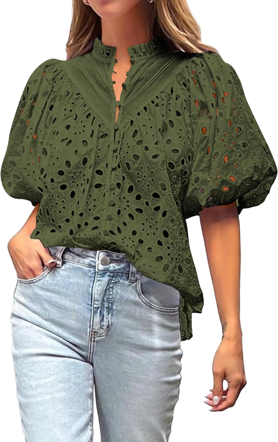 Women's Hollow Embroidered V Neck Shirt Top (BUY 2 FREE SHIPPING)