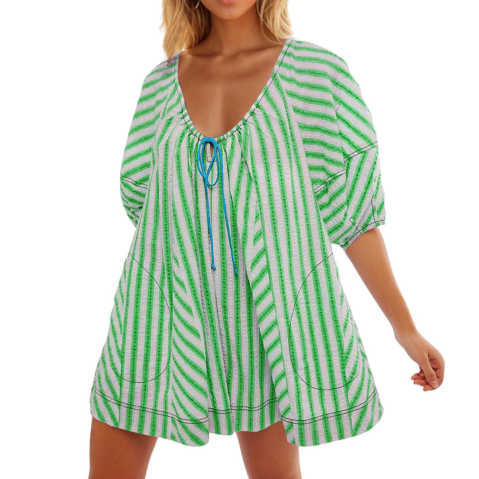 Summer Casual Striped Puff Short Sleeve Rompers