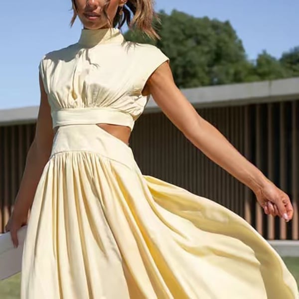  Cutout Waist Pocketed Vacation Midi Dress 