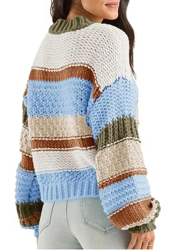 Women's Color Block Striped Chunky Knit Cropped Sweaters