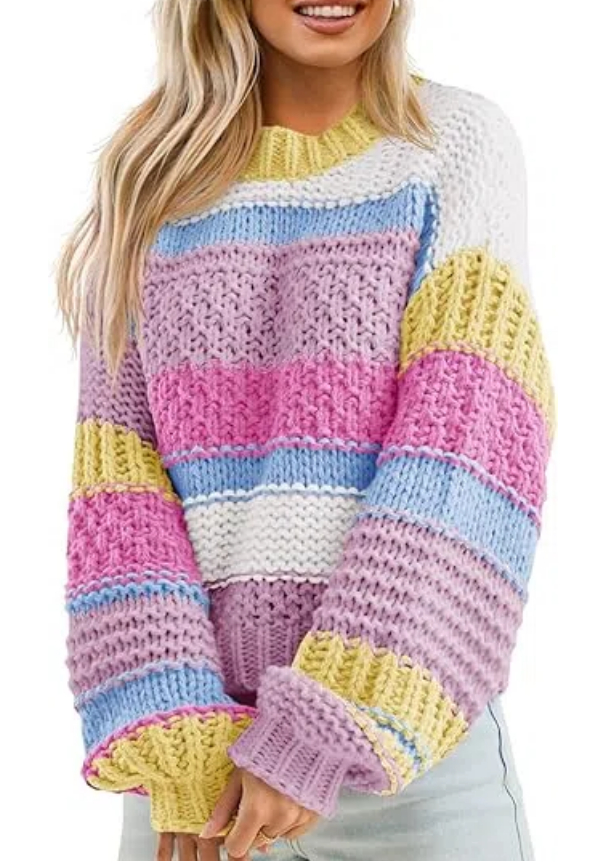 Women's Color Block Striped Chunky Knit Cropped Sweaters