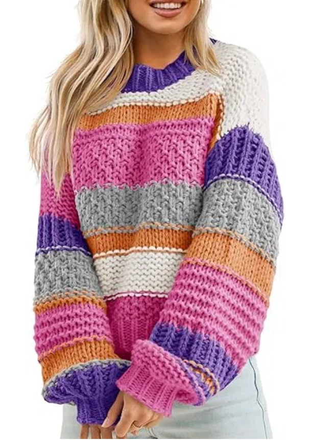 Women's Color Block Striped Chunky Knit Cropped Sweaters