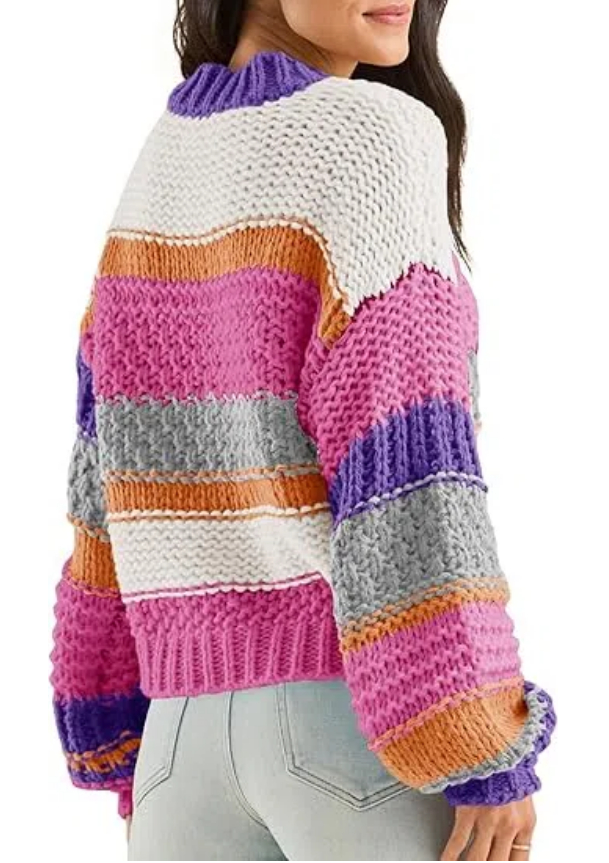 Women's Color Block Striped Chunky Knit Cropped Sweaters