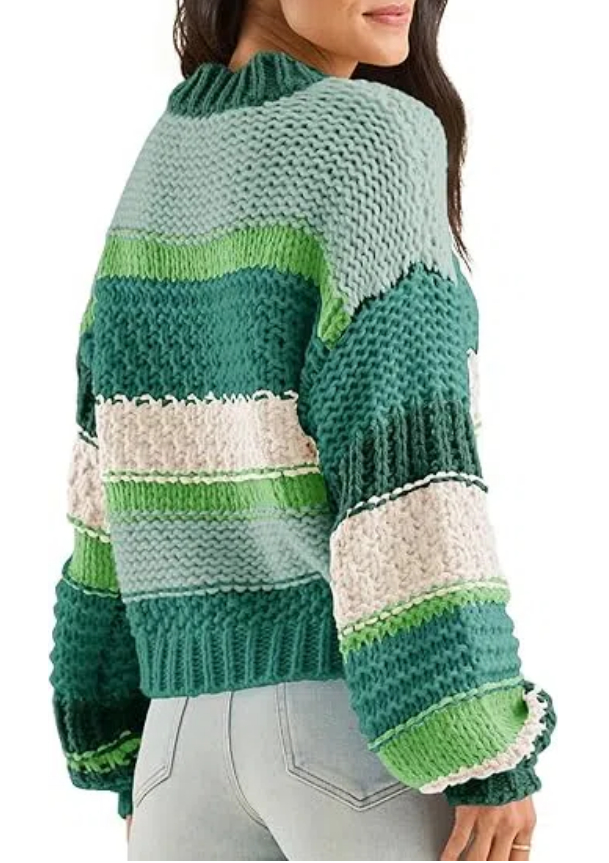 Women's Color Block Striped Chunky Knit Cropped Sweaters
