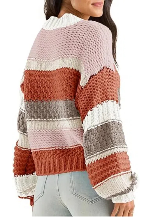 Women's Color Block Striped Chunky Knit Cropped Sweaters