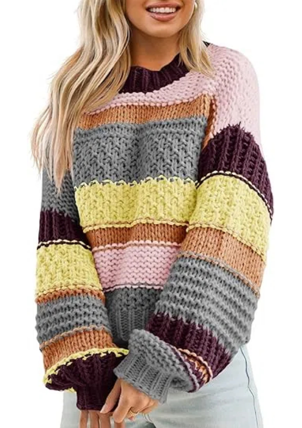 Women's Color Block Striped Chunky Knit Cropped Sweaters