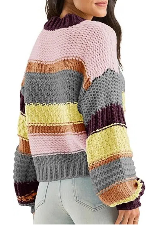Women's Color Block Striped Chunky Knit Cropped Sweaters