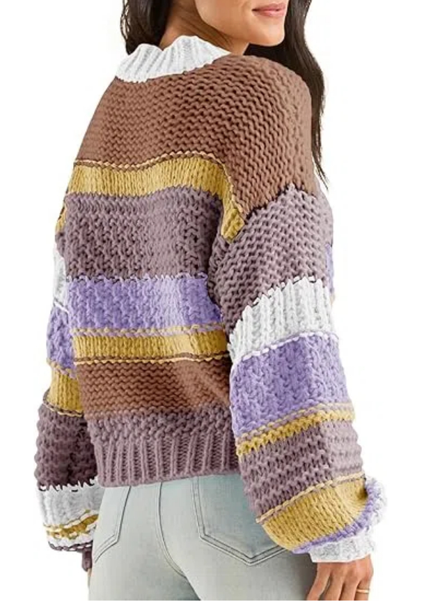 Women's Color Block Striped Chunky Knit Cropped Sweaters