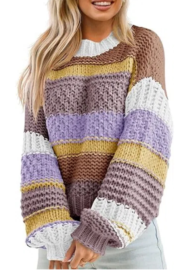 Women's Color Block Striped Chunky Knit Cropped Sweaters