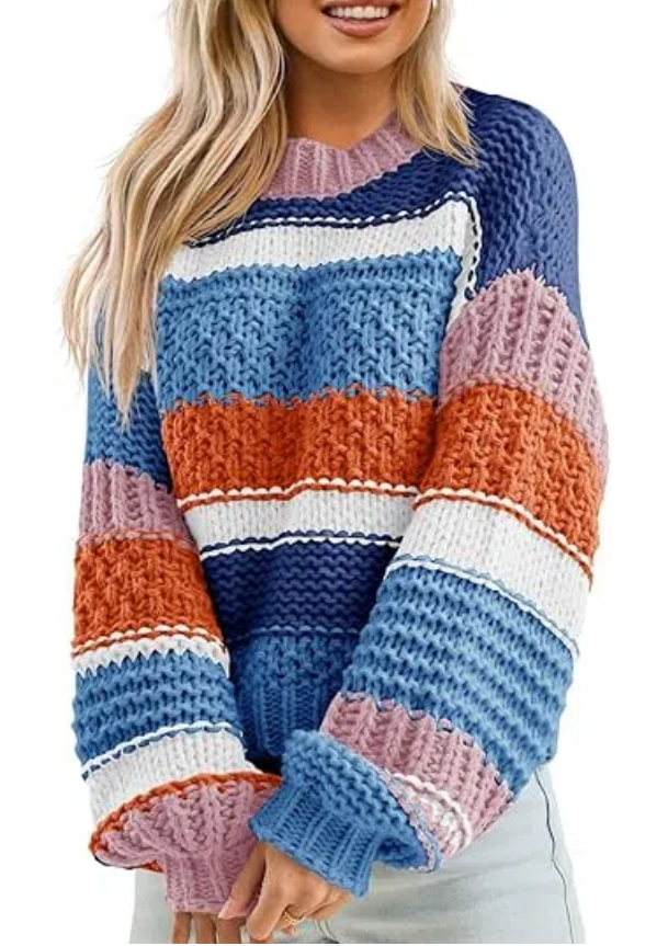 Women's Color Block Striped Chunky Knit Cropped Sweaters