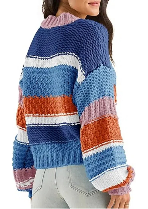 Women's Color Block Striped Chunky Knit Cropped Sweaters