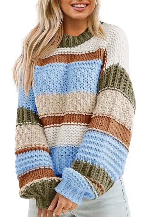 Women's Color Block Striped Chunky Knit Cropped Sweaters