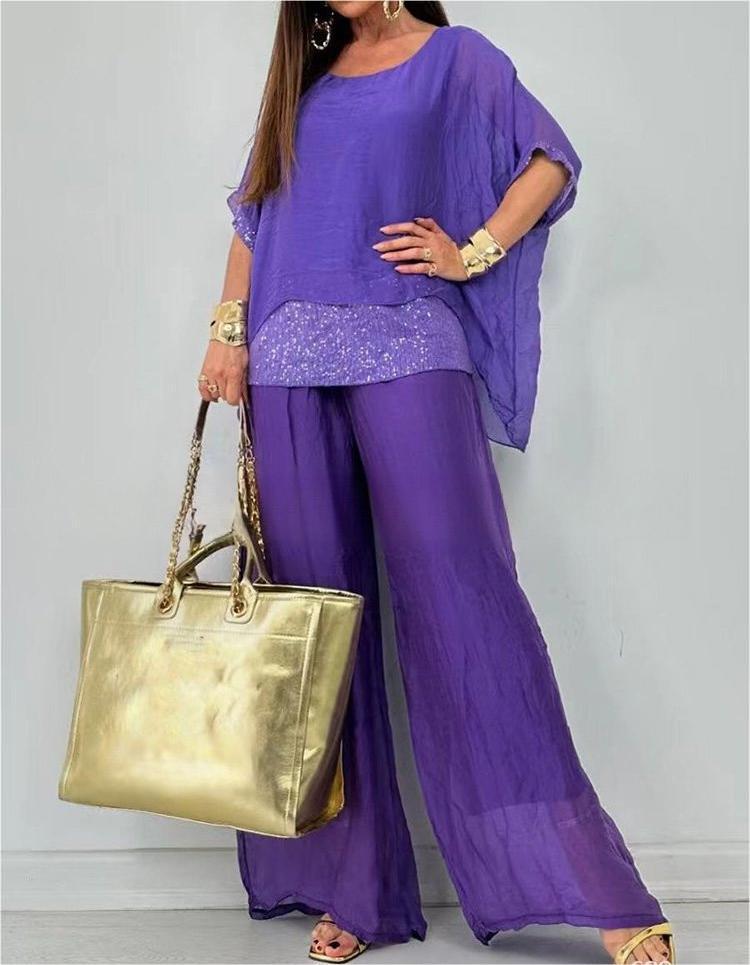Sequined Short-Sleeved Trousers Suit
