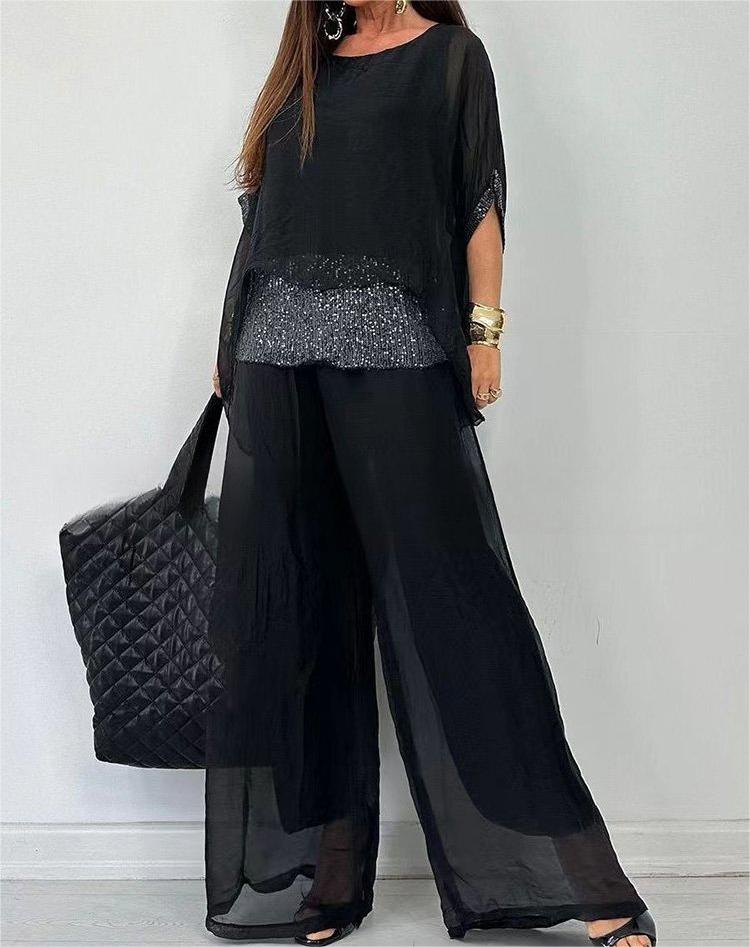 Sequined Short-Sleeved Trousers Suit