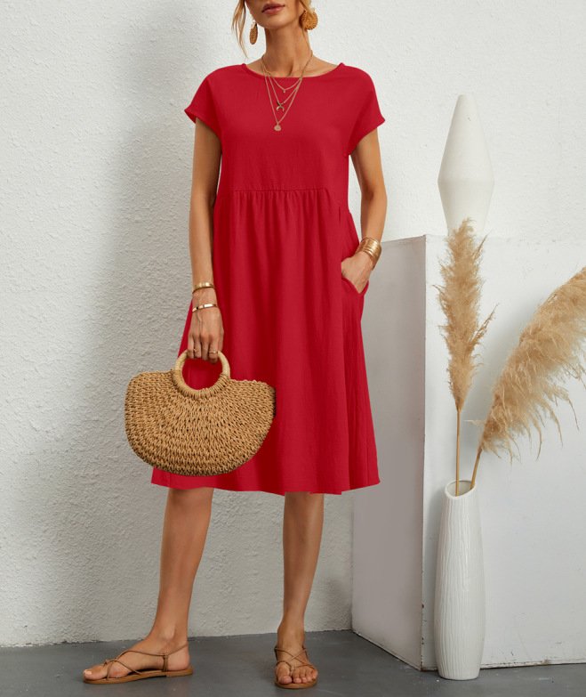 Women Short Sleeve Cotton And Linen Dress