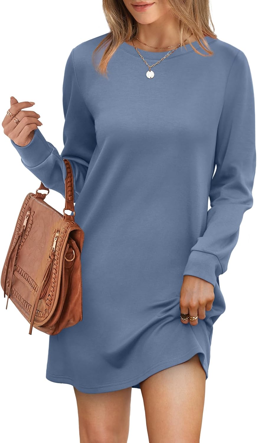Women's Long Sleeve Casual Loose Fit Fall Fashion Crewneck Mini Dress with Pockets