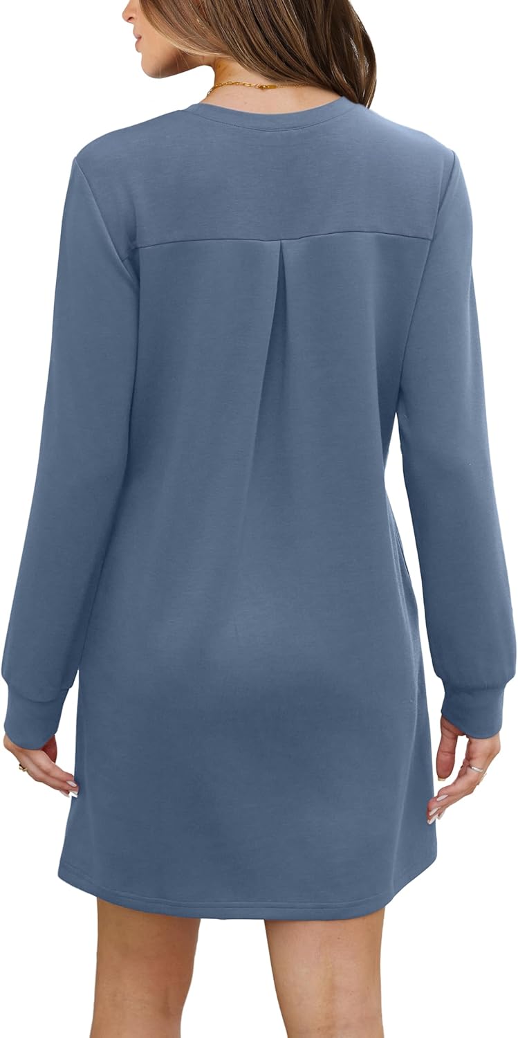 Women's Long Sleeve Casual Loose Fit Fall Fashion Crewneck Mini Dress with Pockets