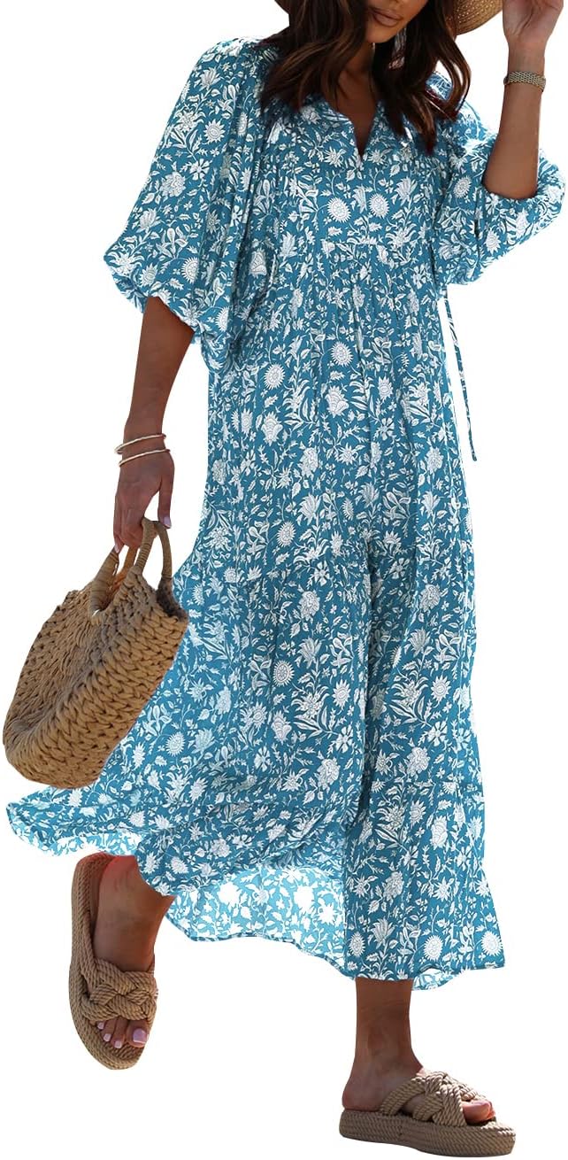 Womens Loose Fit Casual Summer V Neck Half Sleeve Bohemian Maxi Long Dresses