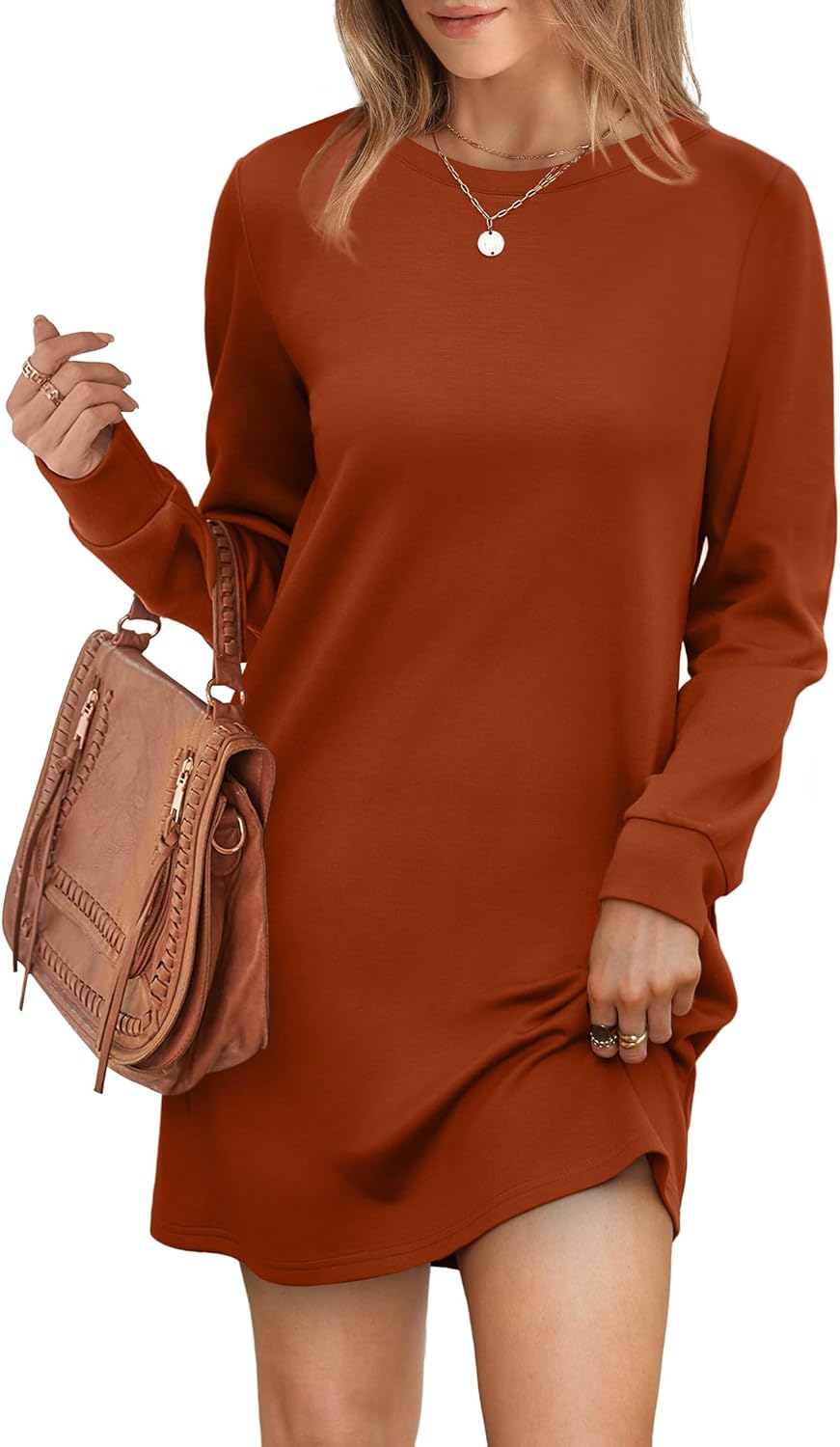 Women's Long Sleeve Casual Loose Fit Fall Fashion Crewneck Mini Dress with Pockets