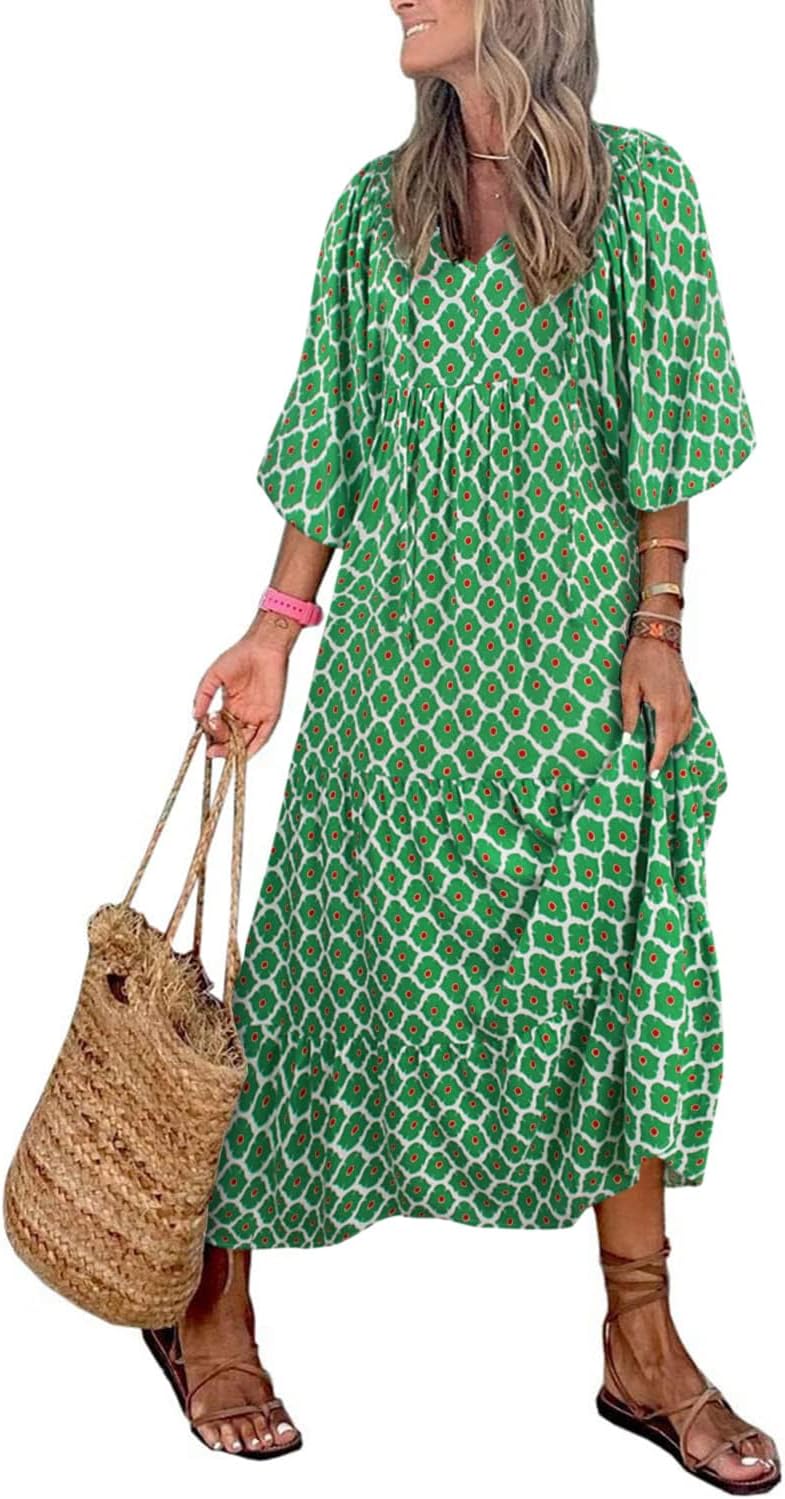 Womens Loose Fit Casual Summer V Neck Half Sleeve Bohemian Maxi Long Dresses
