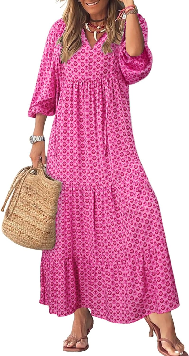 Womens Loose Fit Casual Summer V Neck Half Sleeve Bohemian Maxi Long Dresses