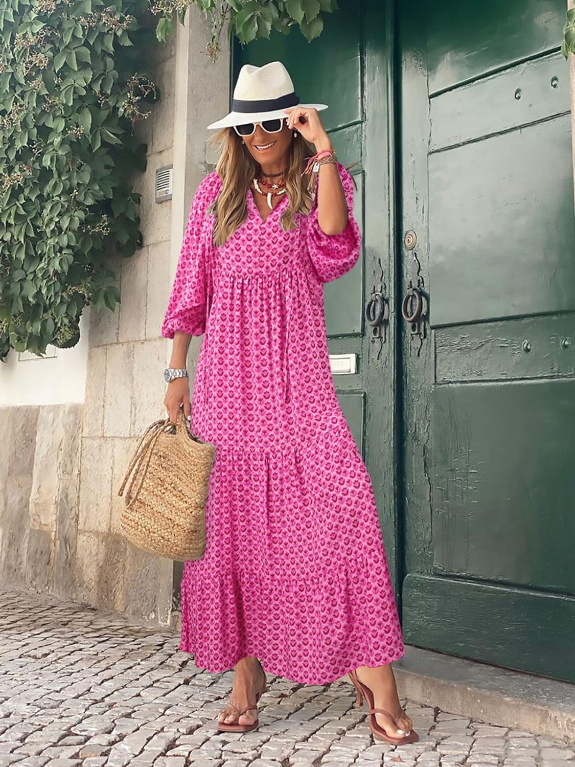 Womens Loose Fit Casual Summer V Neck Half Sleeve Bohemian Maxi Long Dresses