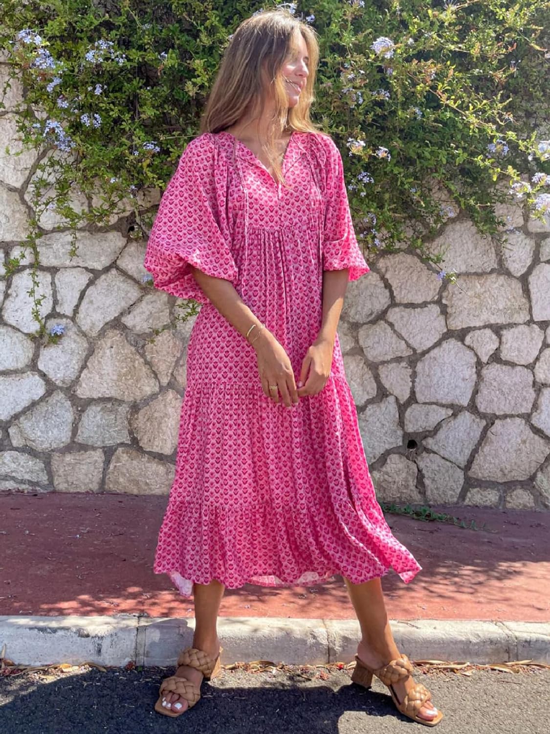 Womens Loose Fit Casual Summer V Neck Half Sleeve Bohemian Maxi Long Dresses