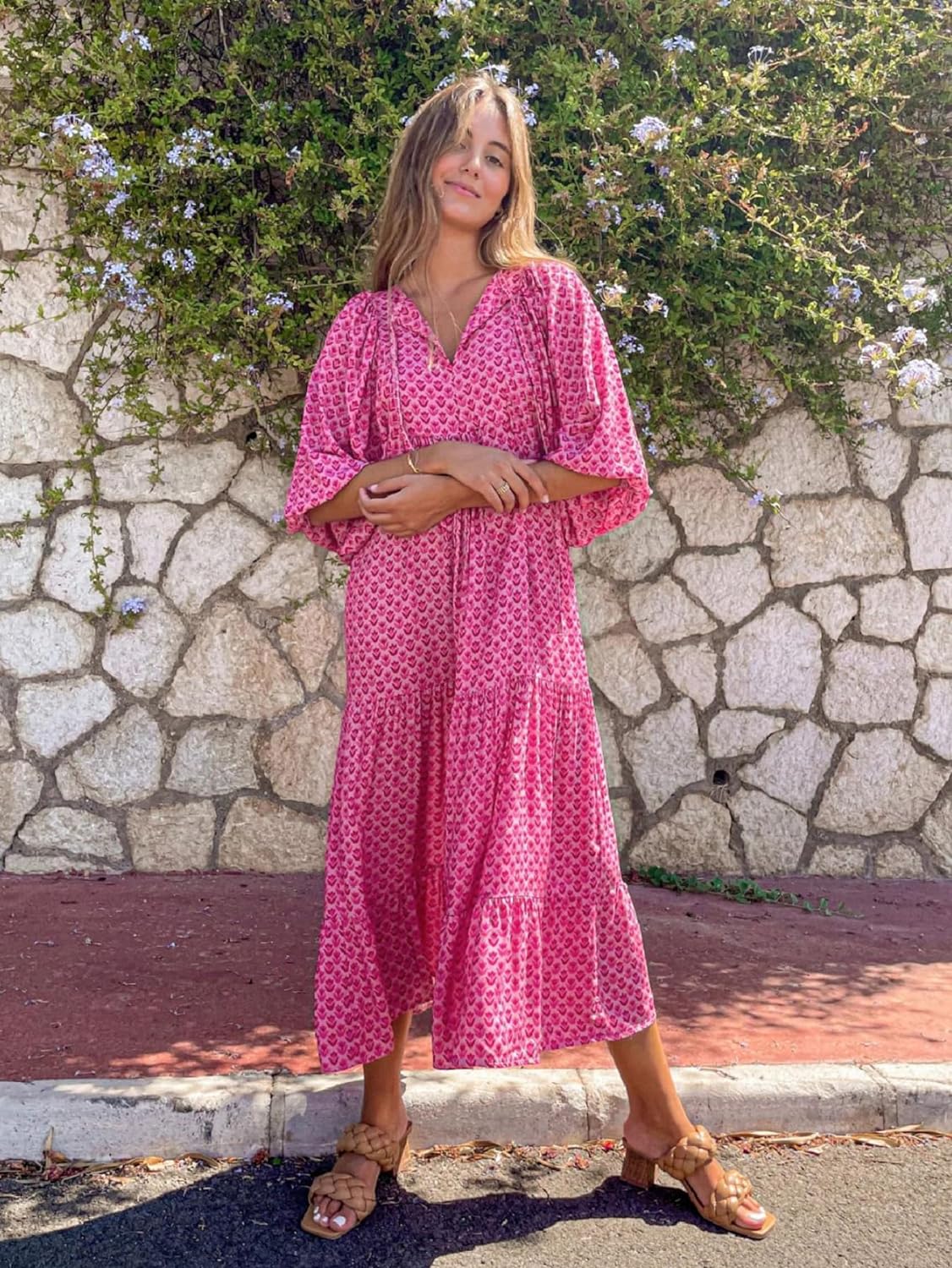 Womens Loose Fit Casual Summer V Neck Half Sleeve Bohemian Maxi Long Dresses