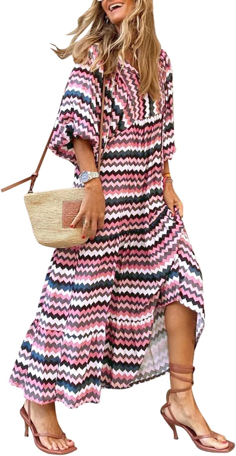 Womens Loose Fit Casual Summer V Neck Half Sleeve Bohemian Maxi Long Dresses