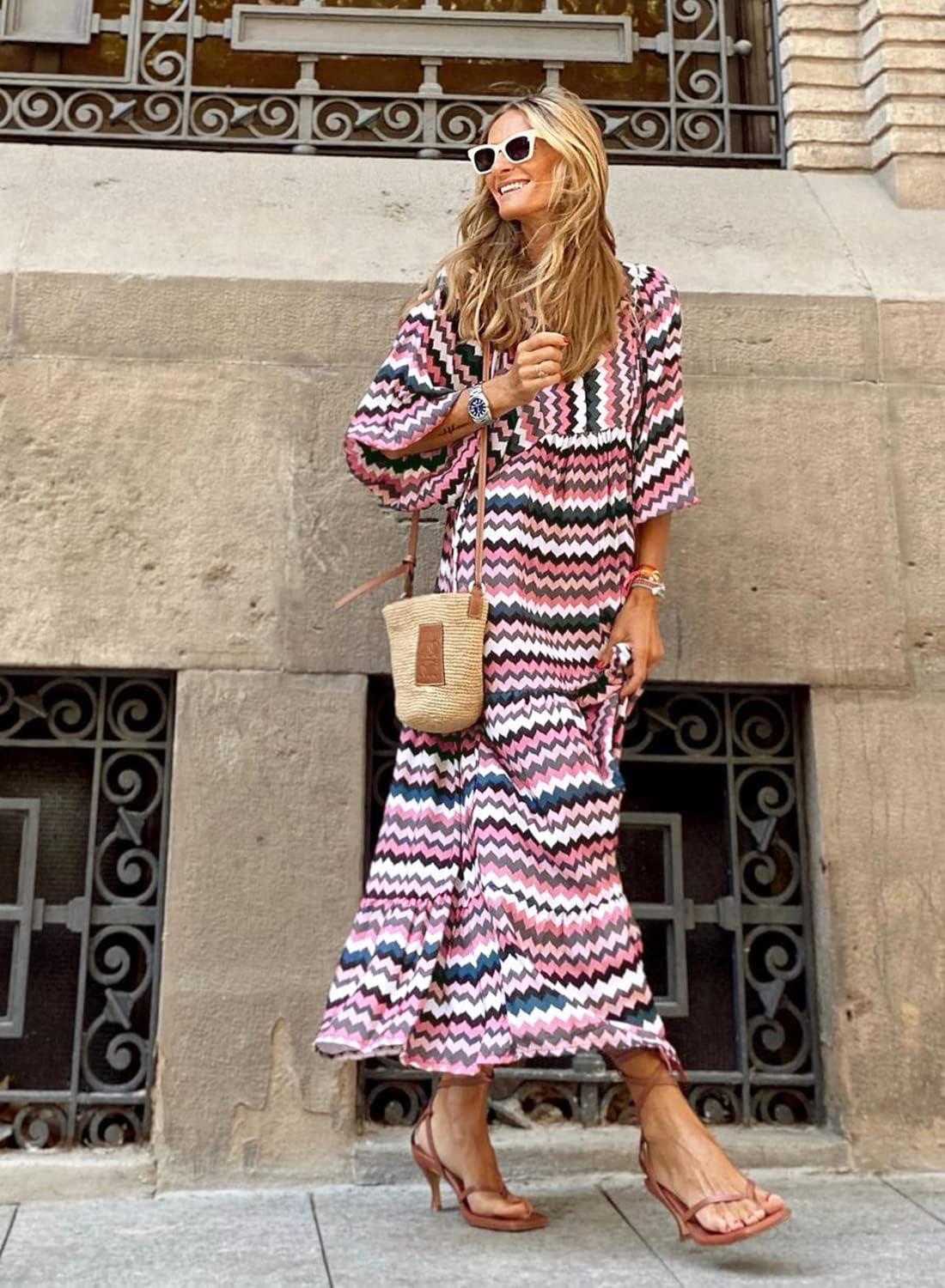 Womens Loose Fit Casual Summer V Neck Half Sleeve Bohemian Maxi Long Dresses