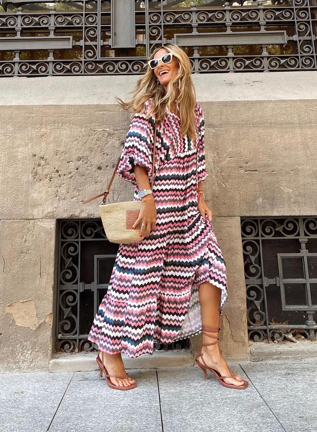 Womens Loose Fit Casual Summer V Neck Half Sleeve Bohemian Maxi Long Dresses