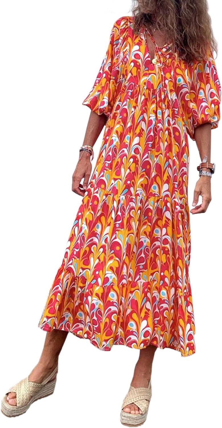 Womens Loose Fit Casual Summer V Neck Half Sleeve Bohemian Maxi Long Dresses
