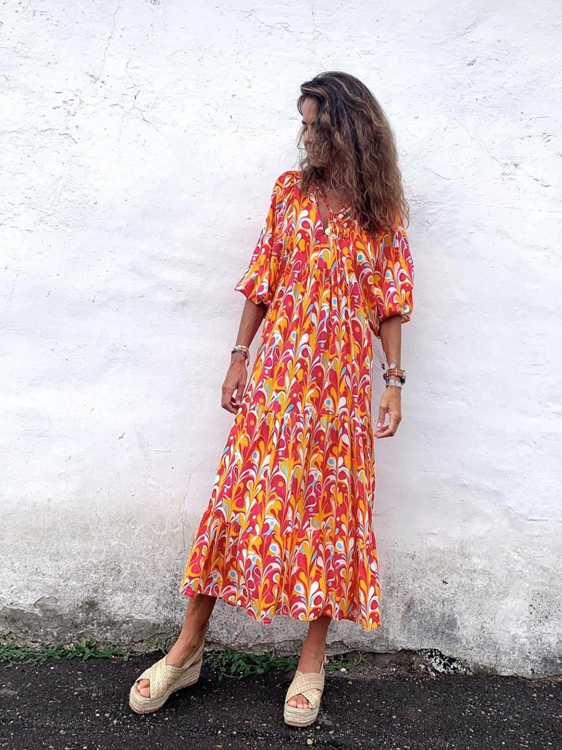 Womens Loose Fit Casual Summer V Neck Half Sleeve Bohemian Maxi Long Dresses