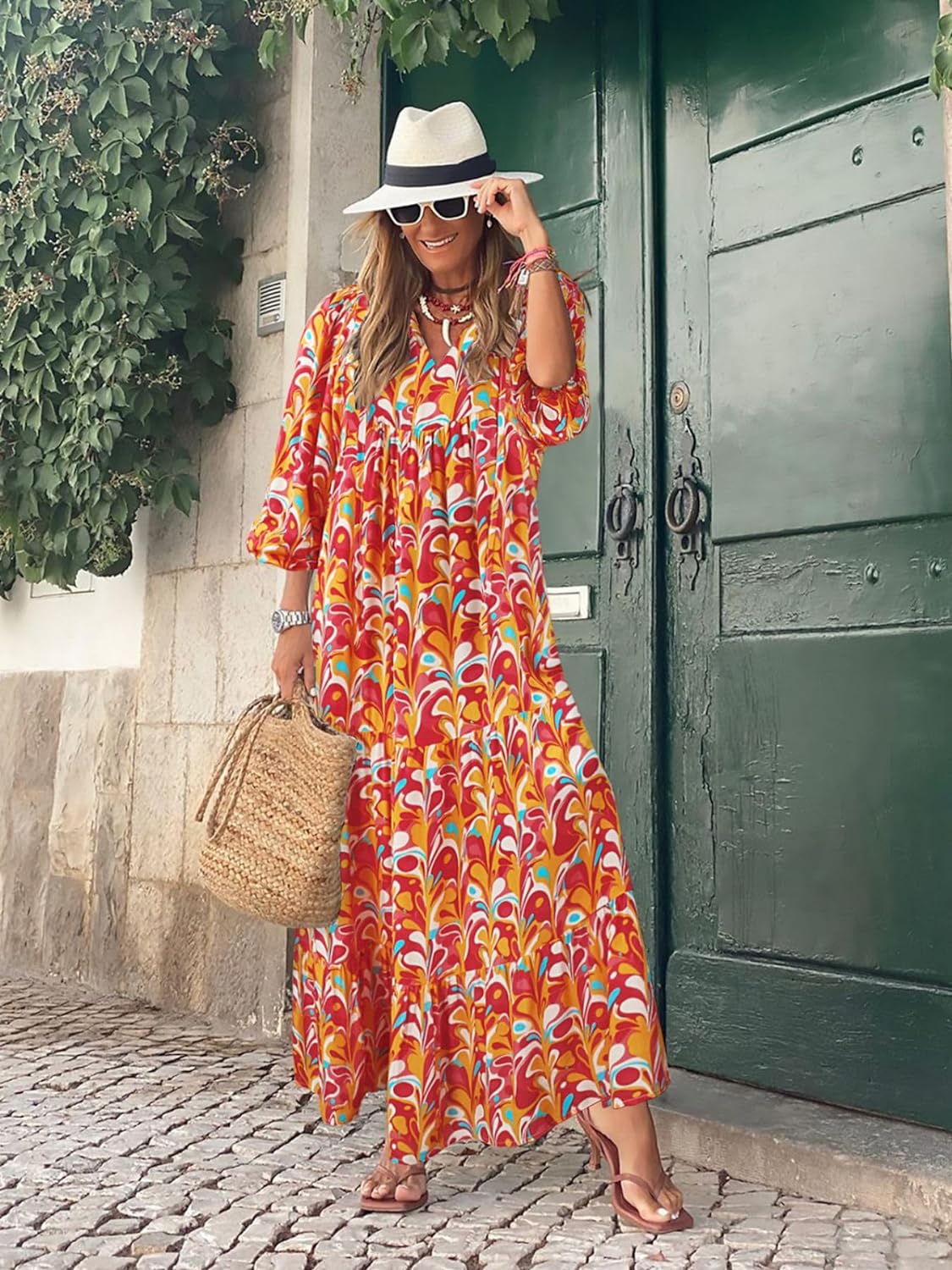 Womens Loose Fit Casual Summer V Neck Half Sleeve Bohemian Maxi Long Dresses