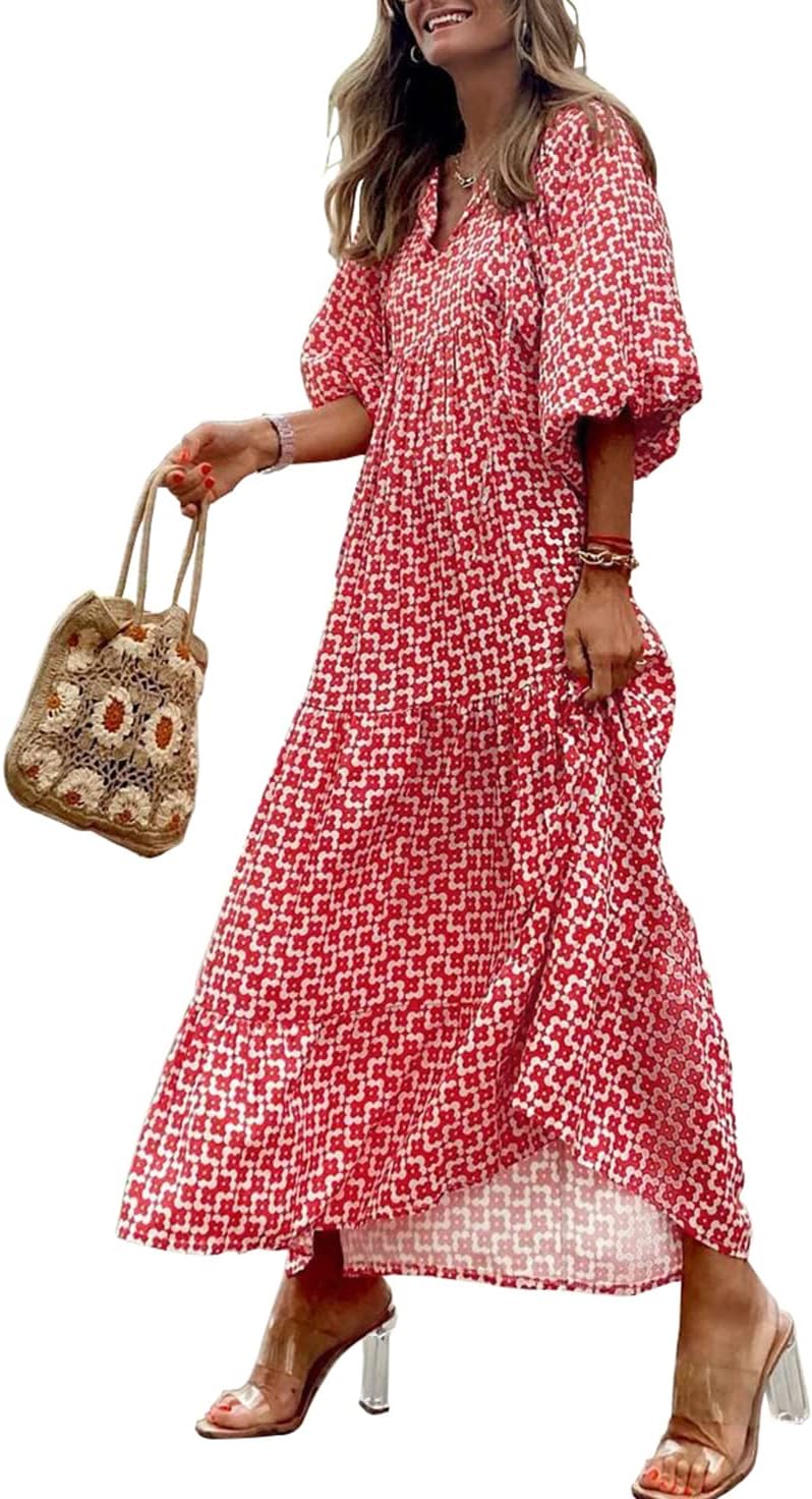 Womens Loose Fit Casual Summer V Neck Half Sleeve Bohemian Maxi Long Dresses