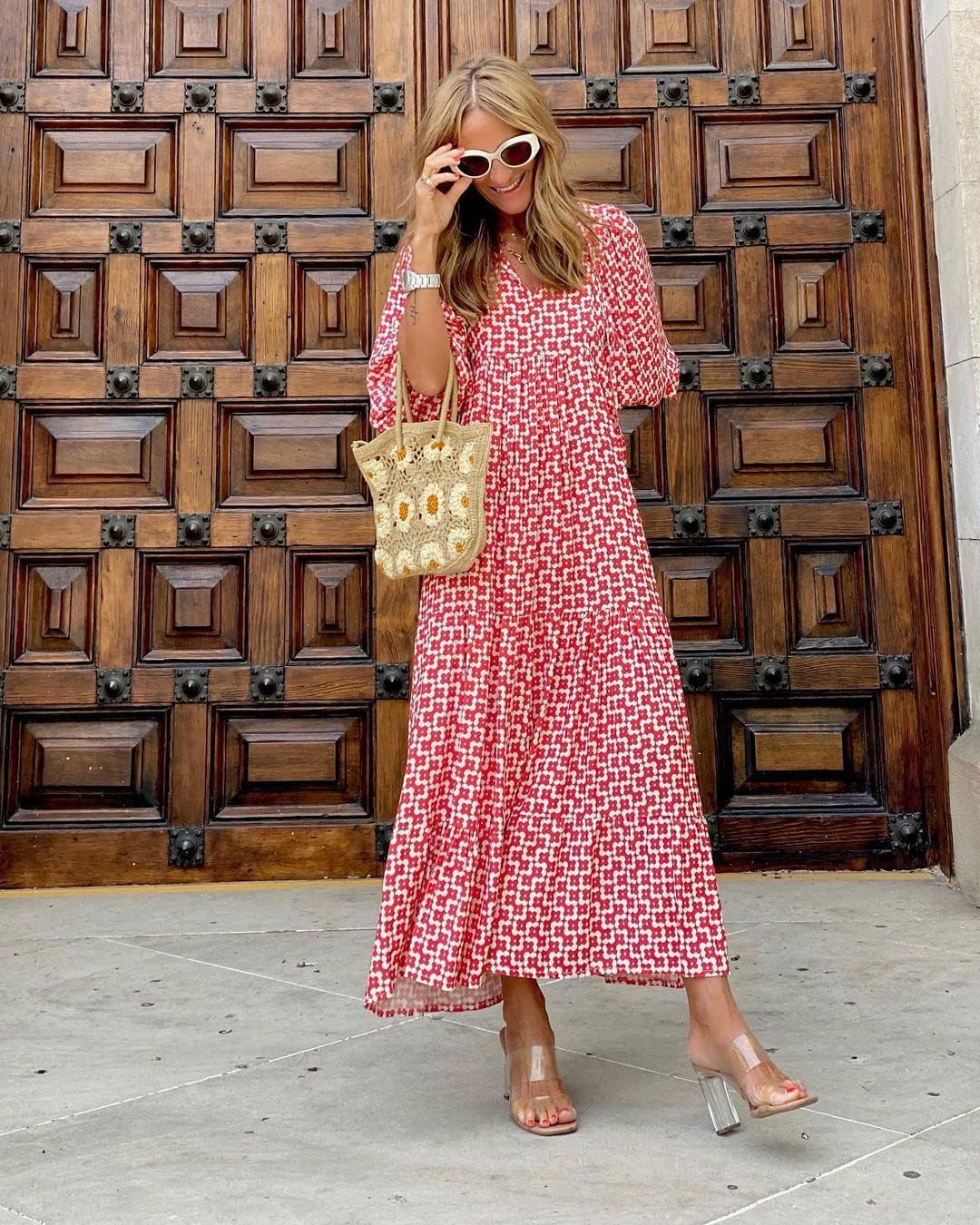 Womens Loose Fit Casual Summer V Neck Half Sleeve Bohemian Maxi Long Dresses