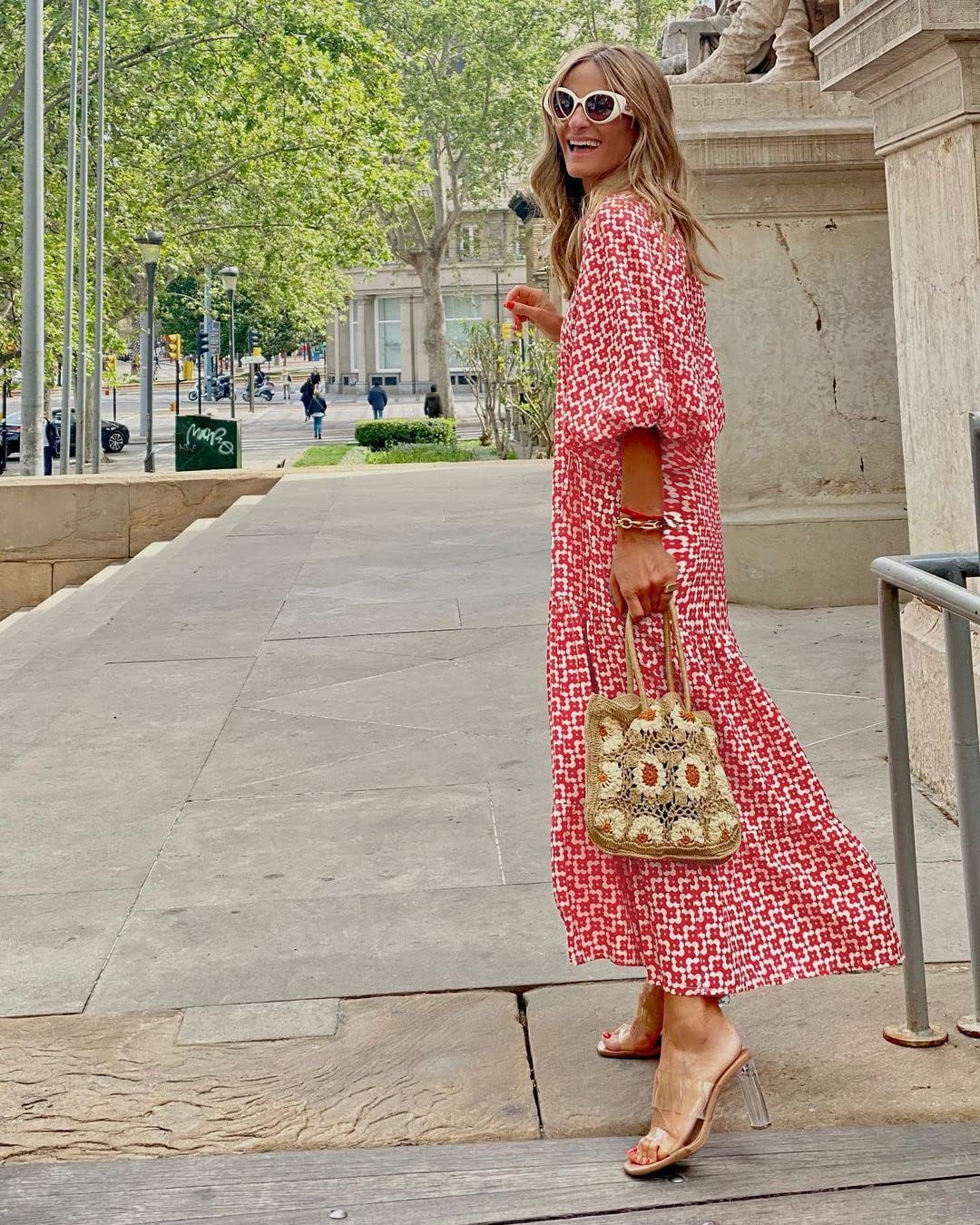 Womens Loose Fit Casual Summer V Neck Half Sleeve Bohemian Maxi Long Dresses